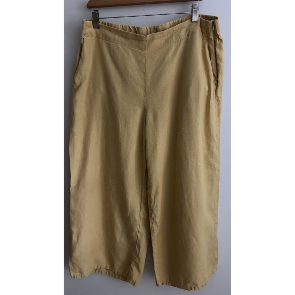 J Jill Linen Pants Sz L P Yellow Elastic Waist Lagen Look Wide Leg Loose Fit